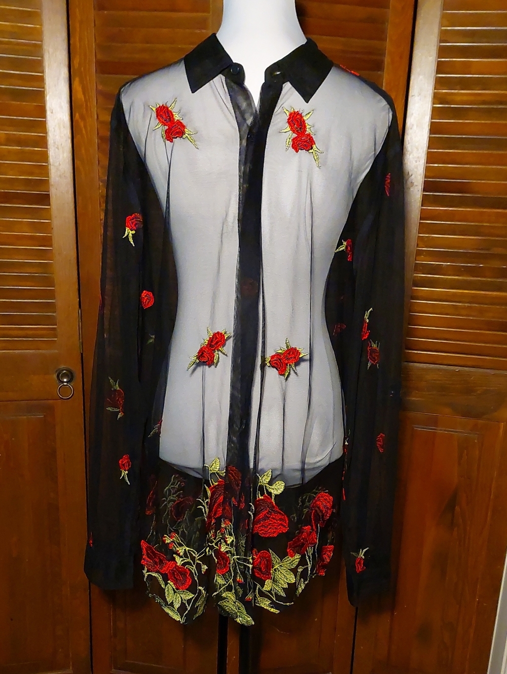 ASOS Black Sheer Button-Down Shirt with Red & Green Floral Embroidery Sz 2XL